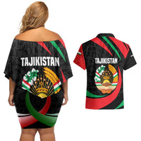 Tajikistan National Emblem Couples Matching Off Shoulder Short Dress and Hawaiian Shirt with Black Red Green Tribal Pattern