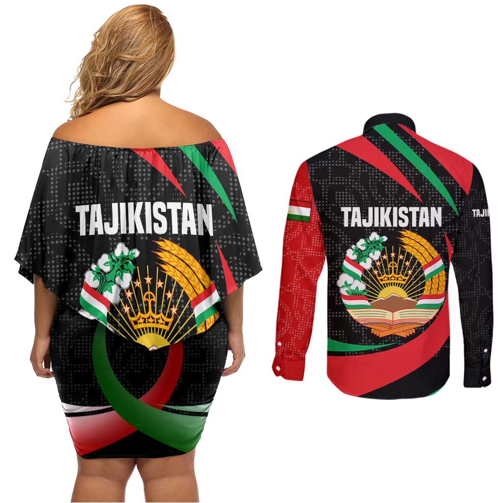 Tajikistan National Emblem Couples Matching Off Shoulder Short Dress and Long Sleeve Button Shirt with Black Red Green Tribal Pattern