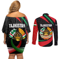 Tajikistan National Emblem Couples Matching Off Shoulder Short Dress and Long Sleeve Button Shirt with Black Red Green Tribal Pattern