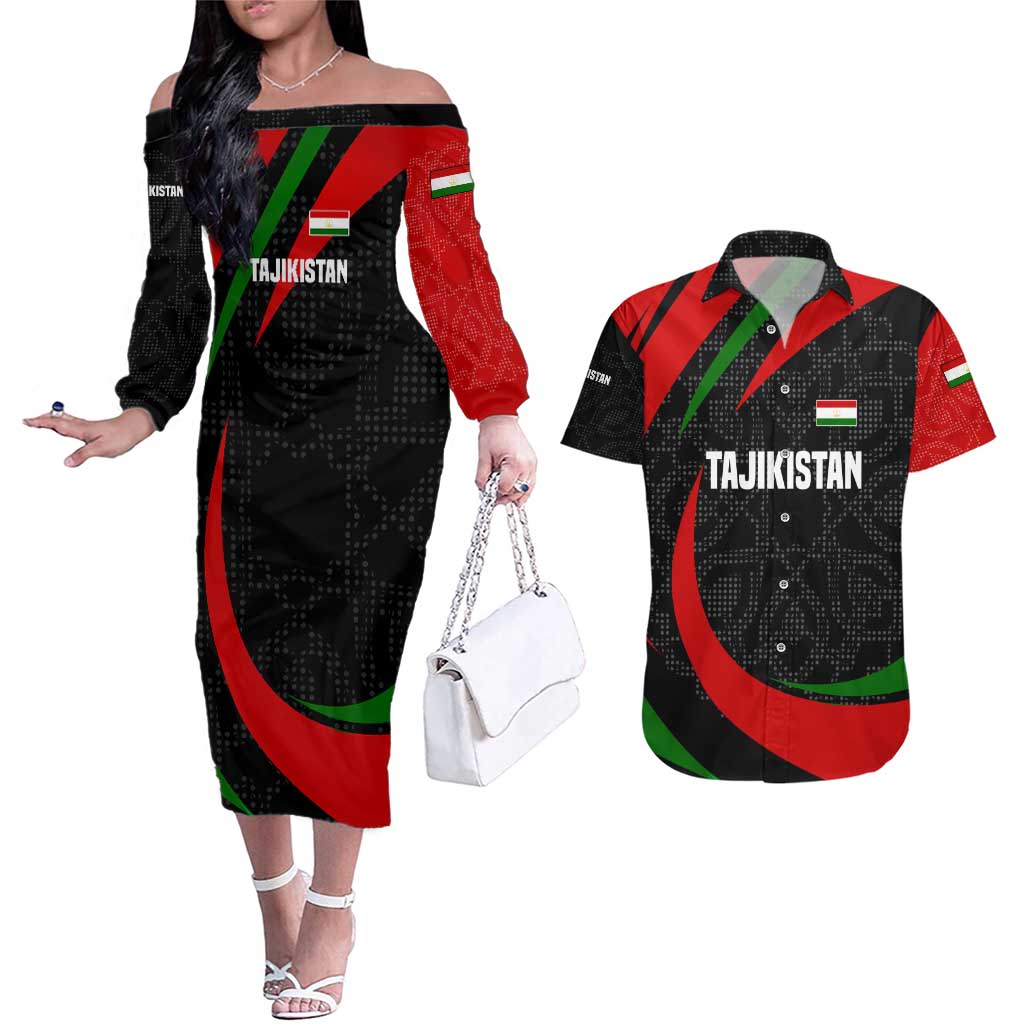 Tajikistan National Emblem Couples Matching Off The Shoulder Long Sleeve Dress and Hawaiian Shirt with Black Red Green Tribal Pattern