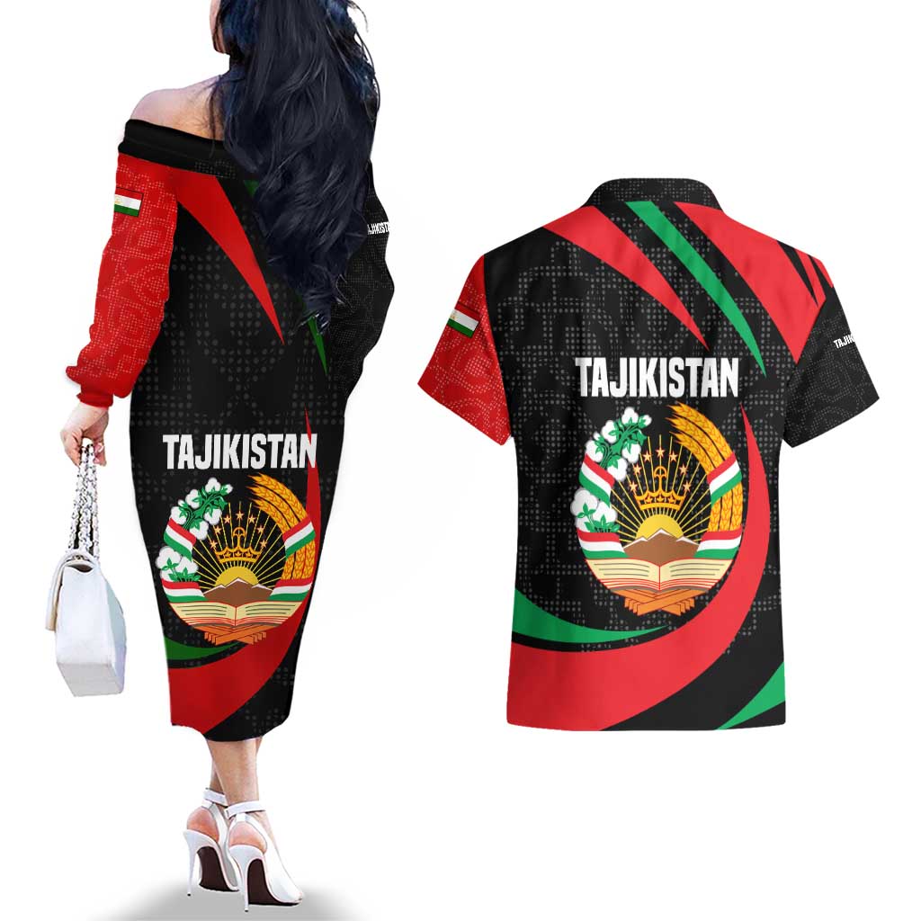Tajikistan National Emblem Couples Matching Off The Shoulder Long Sleeve Dress and Hawaiian Shirt with Black Red Green Tribal Pattern