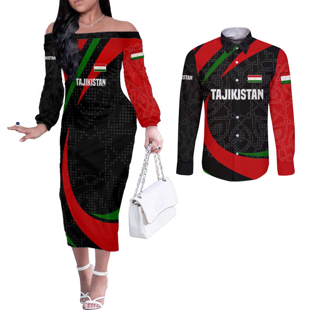 Tajikistan National Emblem Couples Matching Off The Shoulder Long Sleeve Dress and Long Sleeve Button Shirt with Black Red Green Tribal Pattern