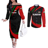 Tajikistan National Emblem Couples Matching Off The Shoulder Long Sleeve Dress and Long Sleeve Button Shirt with Black Red Green Tribal Pattern