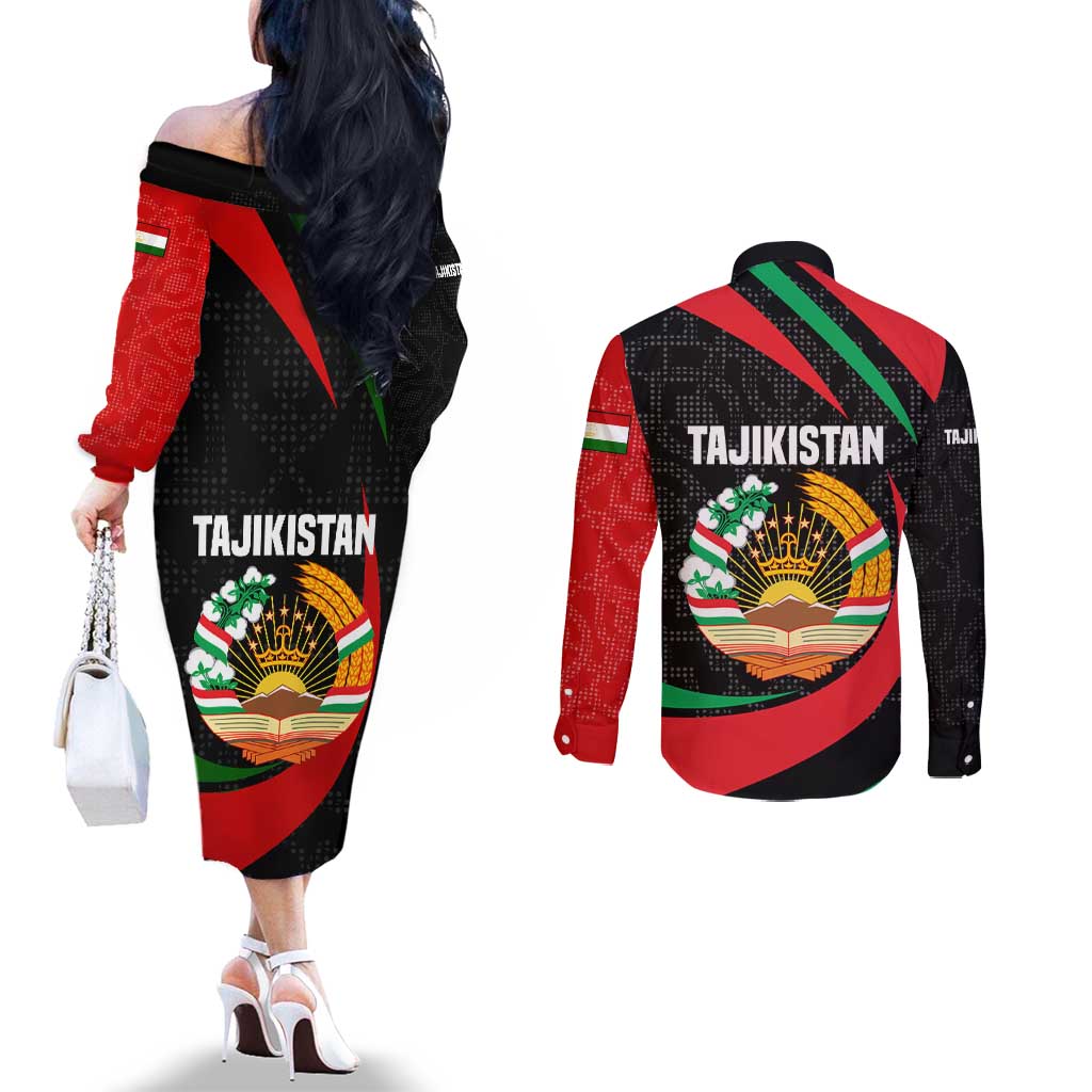 Tajikistan National Emblem Couples Matching Off The Shoulder Long Sleeve Dress and Long Sleeve Button Shirt with Black Red Green Tribal Pattern