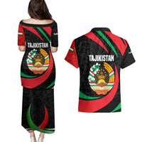 Tajikistan National Emblem Couples Matching Puletasi and Hawaiian Shirt with Black Red Green Tribal Pattern