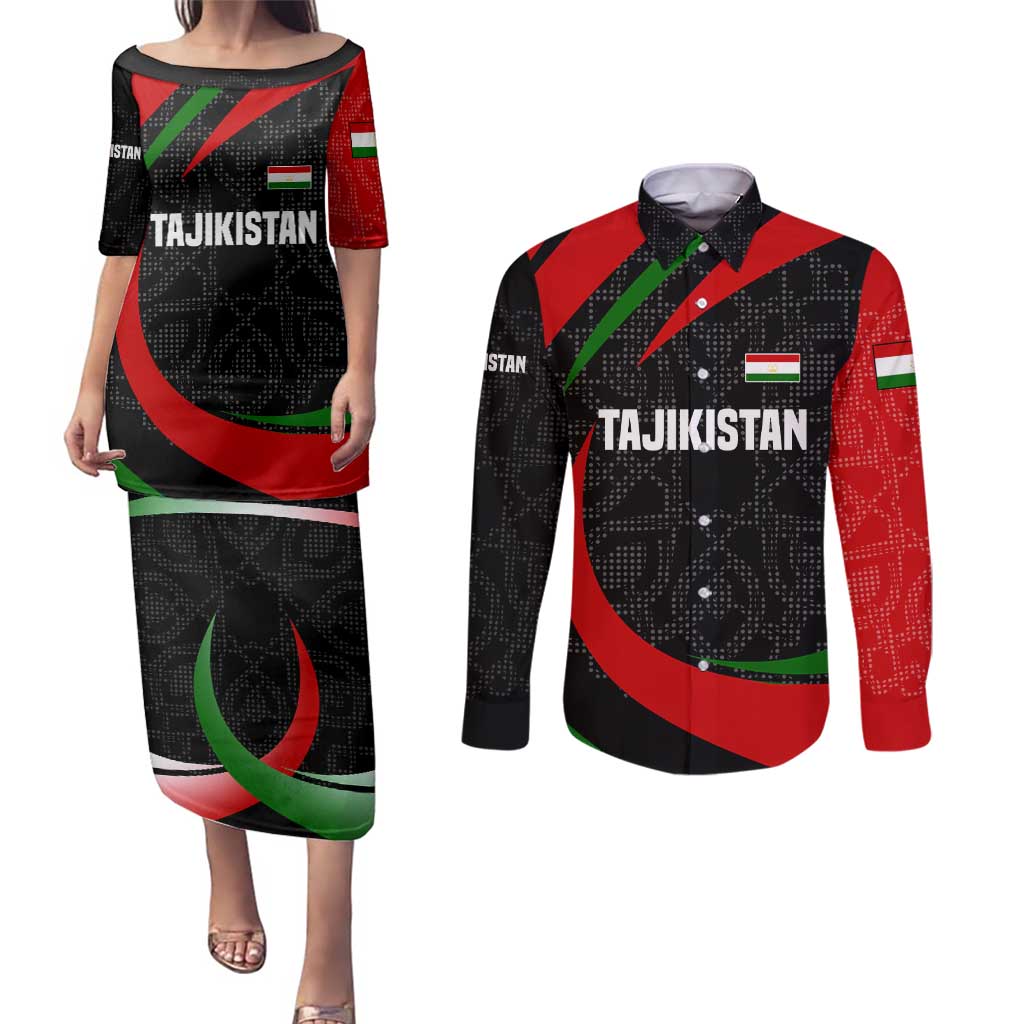 Tajikistan National Emblem Couples Matching Puletasi and Long Sleeve Button Shirt with Black Red Green Tribal Pattern