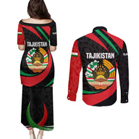 Tajikistan National Emblem Couples Matching Puletasi and Long Sleeve Button Shirt with Black Red Green Tribal Pattern