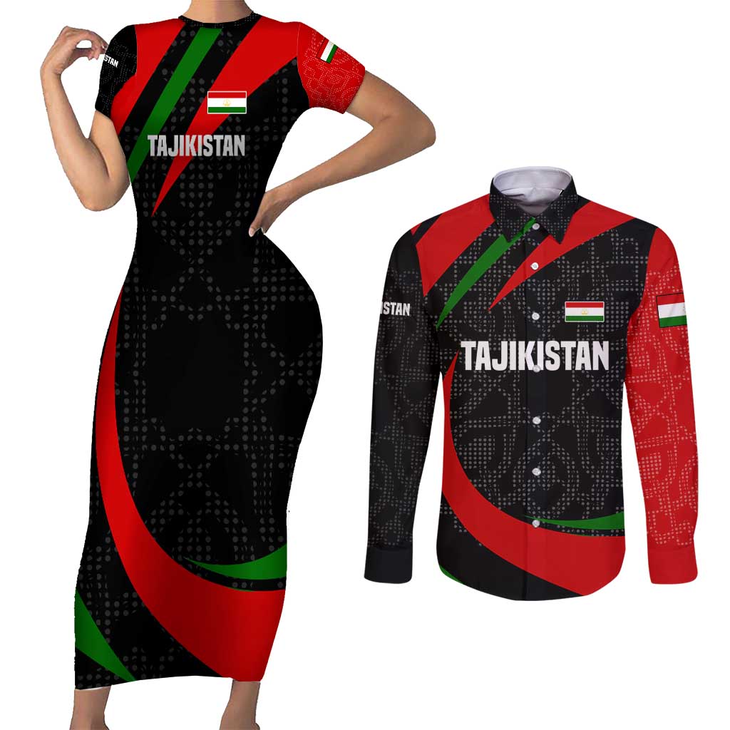 Tajikistan National Emblem Couples Matching Short Sleeve Bodycon Dress and Long Sleeve Button Shirt with Black Red Green Tribal Pattern