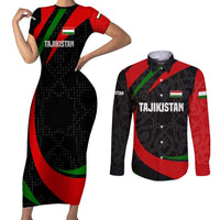 Tajikistan National Emblem Couples Matching Short Sleeve Bodycon Dress and Long Sleeve Button Shirt with Black Red Green Tribal Pattern