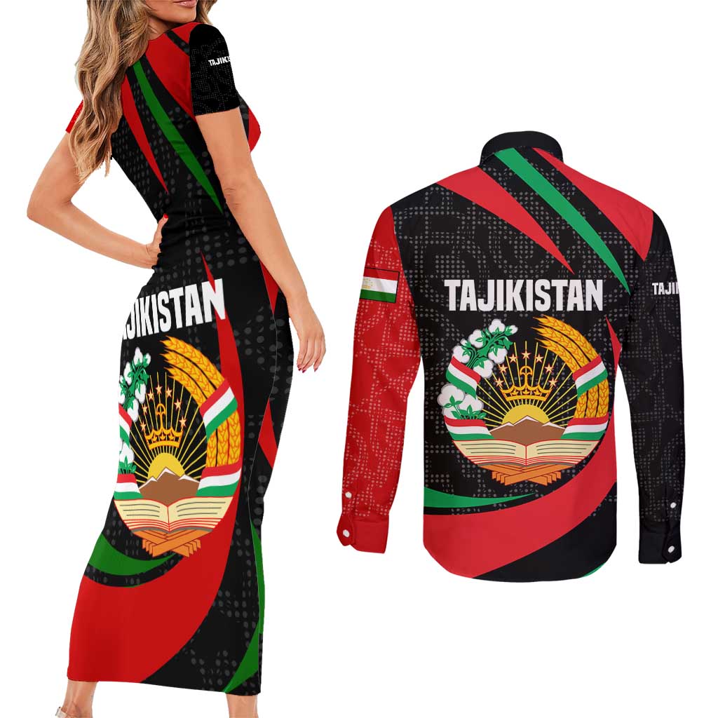 Tajikistan National Emblem Couples Matching Short Sleeve Bodycon Dress and Long Sleeve Button Shirt with Black Red Green Tribal Pattern