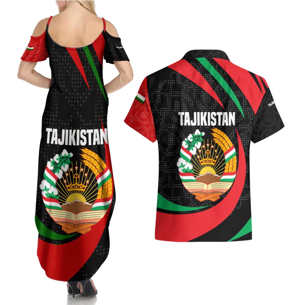 Tajikistan National Emblem Couples Matching Summer Maxi Dress and Hawaiian Shirt with Black Red Green Tribal Pattern