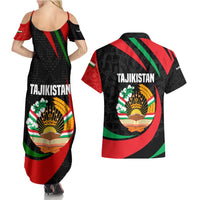 Tajikistan National Emblem Couples Matching Summer Maxi Dress and Hawaiian Shirt with Black Red Green Tribal Pattern