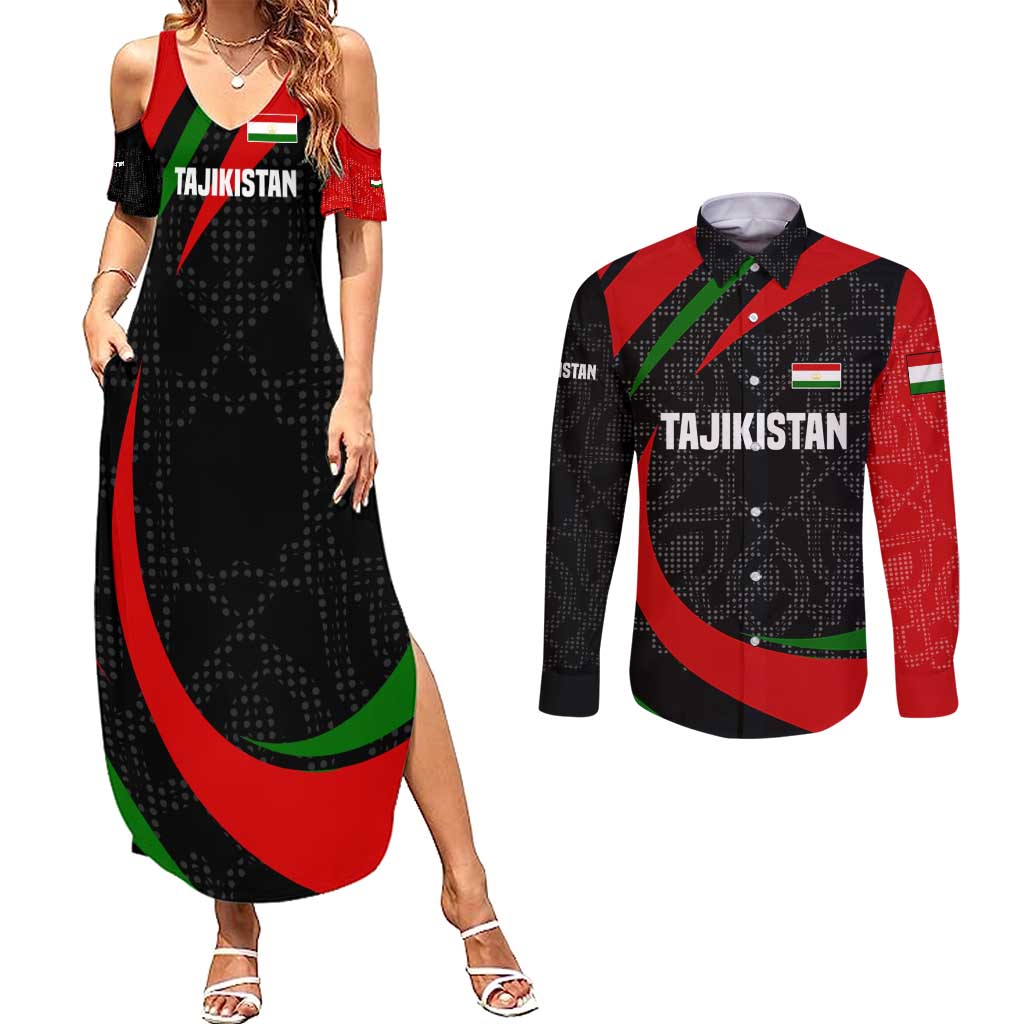 Tajikistan National Emblem Couples Matching Summer Maxi Dress and Long Sleeve Button Shirt with Black Red Green Tribal Pattern