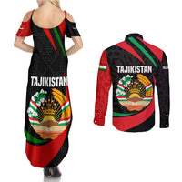 Tajikistan National Emblem Couples Matching Summer Maxi Dress and Long Sleeve Button Shirt with Black Red Green Tribal Pattern