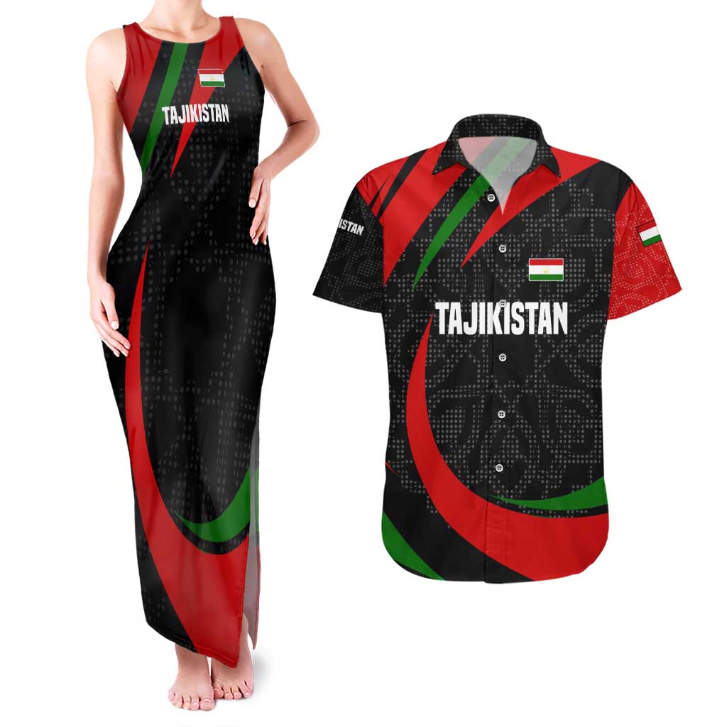 Tajikistan National Emblem Couples Matching Tank Maxi Dress and Hawaiian Shirt with Black Red Green Tribal Pattern