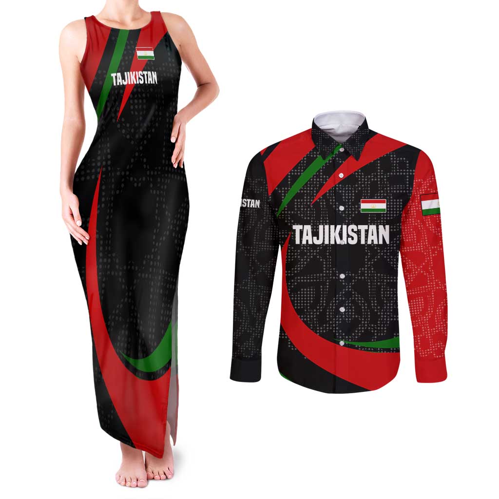 Tajikistan National Emblem Couples Matching Tank Maxi Dress and Long Sleeve Button Shirt with Black Red Green Tribal Pattern