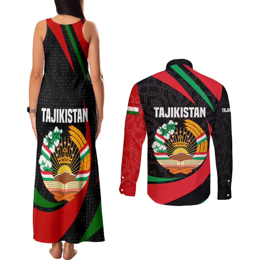 Tajikistan National Emblem Couples Matching Tank Maxi Dress and Long Sleeve Button Shirt with Black Red Green Tribal Pattern