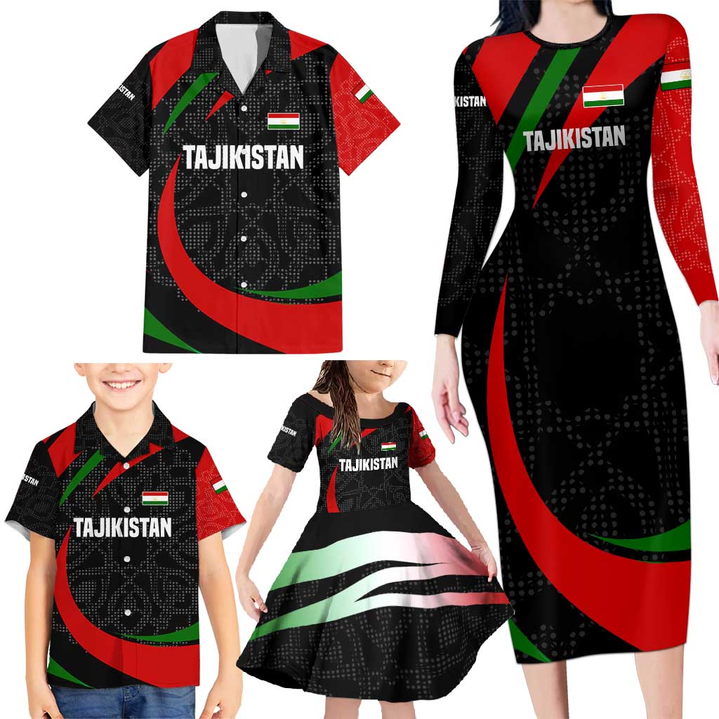 Tajikistan National Emblem Family Matching Long Sleeve Bodycon Dress and Hawaiian Shirt with Black Red Green Tribal Pattern