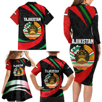 Tajikistan National Emblem Family Matching Long Sleeve Bodycon Dress and Hawaiian Shirt with Black Red Green Tribal Pattern