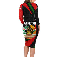 Tajikistan National Emblem Family Matching Long Sleeve Bodycon Dress and Hawaiian Shirt with Black Red Green Tribal Pattern