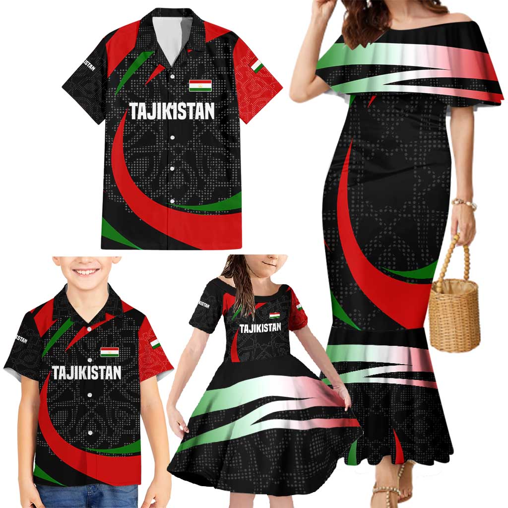 Tajikistan National Emblem Family Matching Mermaid Dress and Hawaiian Shirt with Black Red Green Tribal Pattern