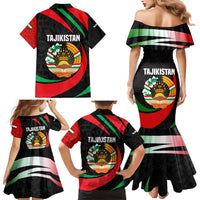 Tajikistan National Emblem Family Matching Mermaid Dress and Hawaiian Shirt with Black Red Green Tribal Pattern