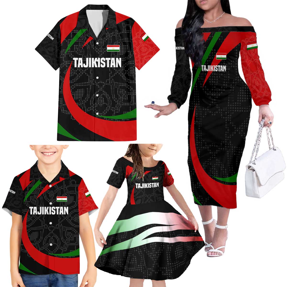 Tajikistan National Emblem Family Matching Off The Shoulder Long Sleeve Dress and Hawaiian Shirt with Black Red Green Tribal Pattern