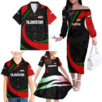 Tajikistan National Emblem Family Matching Off The Shoulder Long Sleeve Dress and Hawaiian Shirt with Black Red Green Tribal Pattern