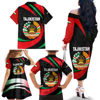 Tajikistan National Emblem Family Matching Off The Shoulder Long Sleeve Dress and Hawaiian Shirt with Black Red Green Tribal Pattern