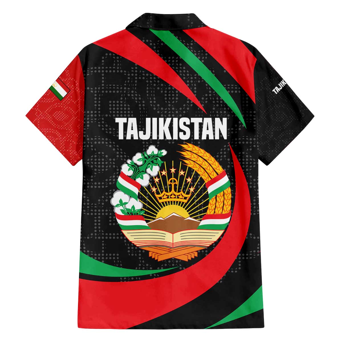 Tajikistan National Emblem Family Matching Off The Shoulder Long Sleeve Dress and Hawaiian Shirt with Black Red Green Tribal Pattern