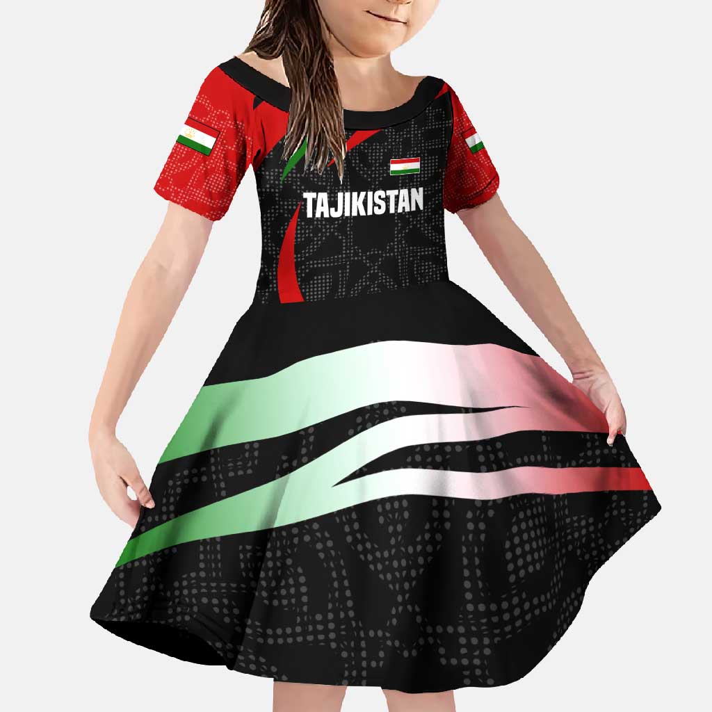 Tajikistan National Emblem Family Matching Off Shoulder Maxi Dress and Hawaiian Shirt with Black Red Green Tribal Pattern