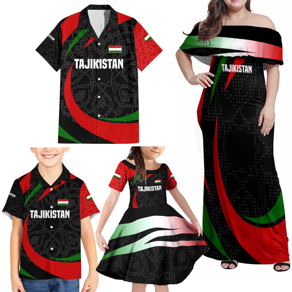 Tajikistan National Emblem Family Matching Off Shoulder Maxi Dress and Hawaiian Shirt with Black Red Green Tribal Pattern