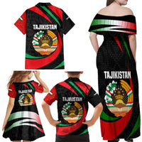 Tajikistan National Emblem Family Matching Off Shoulder Maxi Dress and Hawaiian Shirt with Black Red Green Tribal Pattern