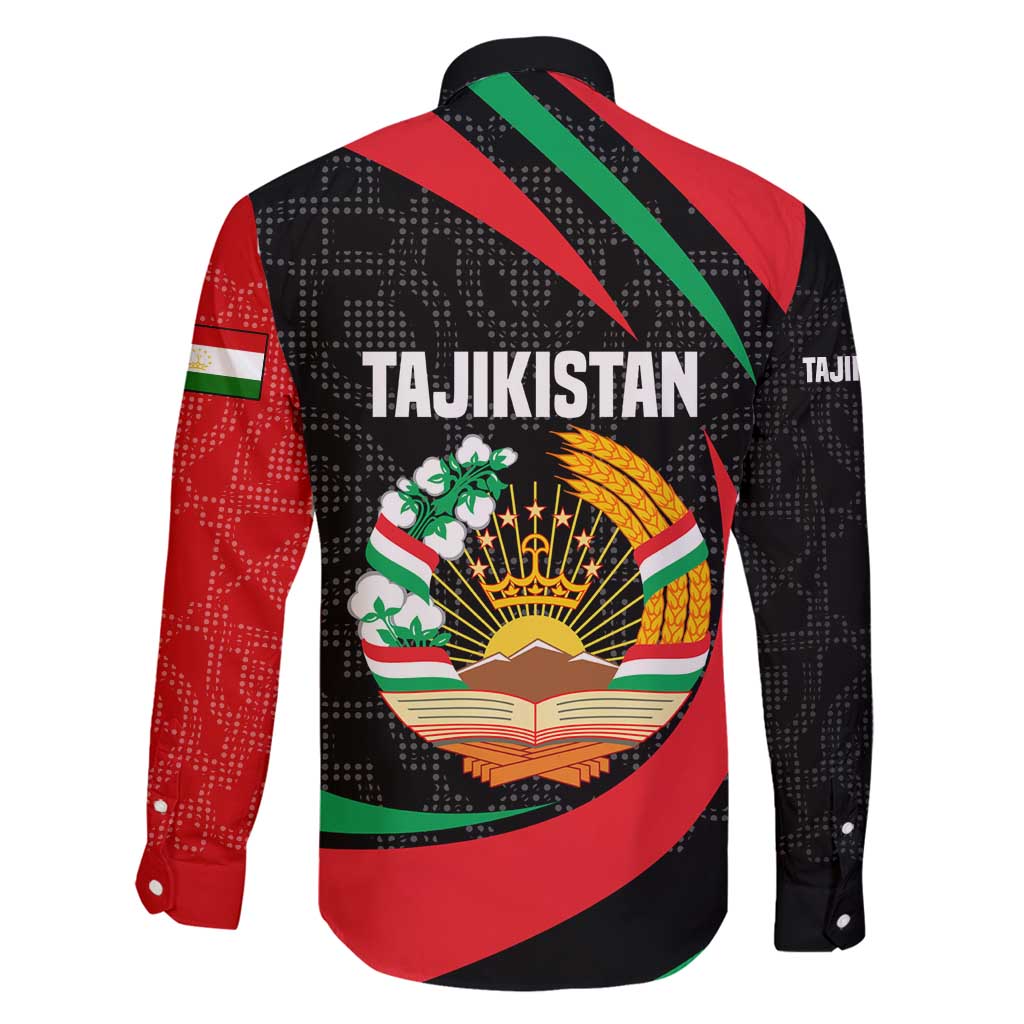 Tajikistan National Emblem Family Matching Off Shoulder Maxi Dress and Hawaiian Shirt with Black Red Green Tribal Pattern