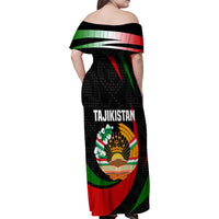 Tajikistan National Emblem Family Matching Off Shoulder Maxi Dress and Hawaiian Shirt with Black Red Green Tribal Pattern