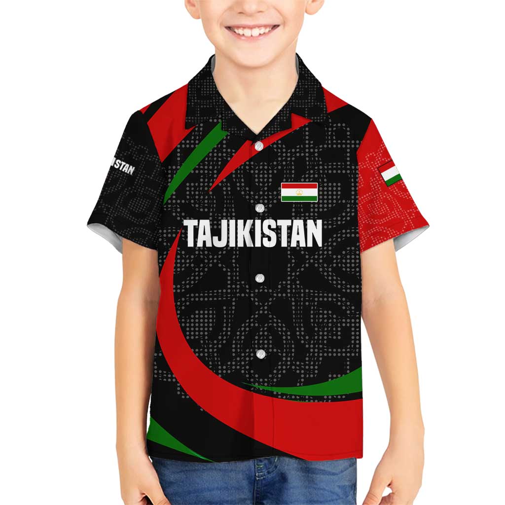 Tajikistan National Emblem Family Matching Off Shoulder Maxi Dress and Hawaiian Shirt with Black Red Green Tribal Pattern