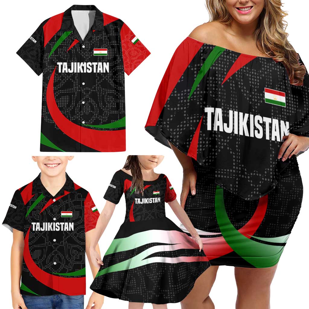 Tajikistan National Emblem Family Matching Off Shoulder Short Dress and Hawaiian Shirt with Black Red Green Tribal Pattern