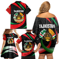 Tajikistan National Emblem Family Matching Off Shoulder Short Dress and Hawaiian Shirt with Black Red Green Tribal Pattern
