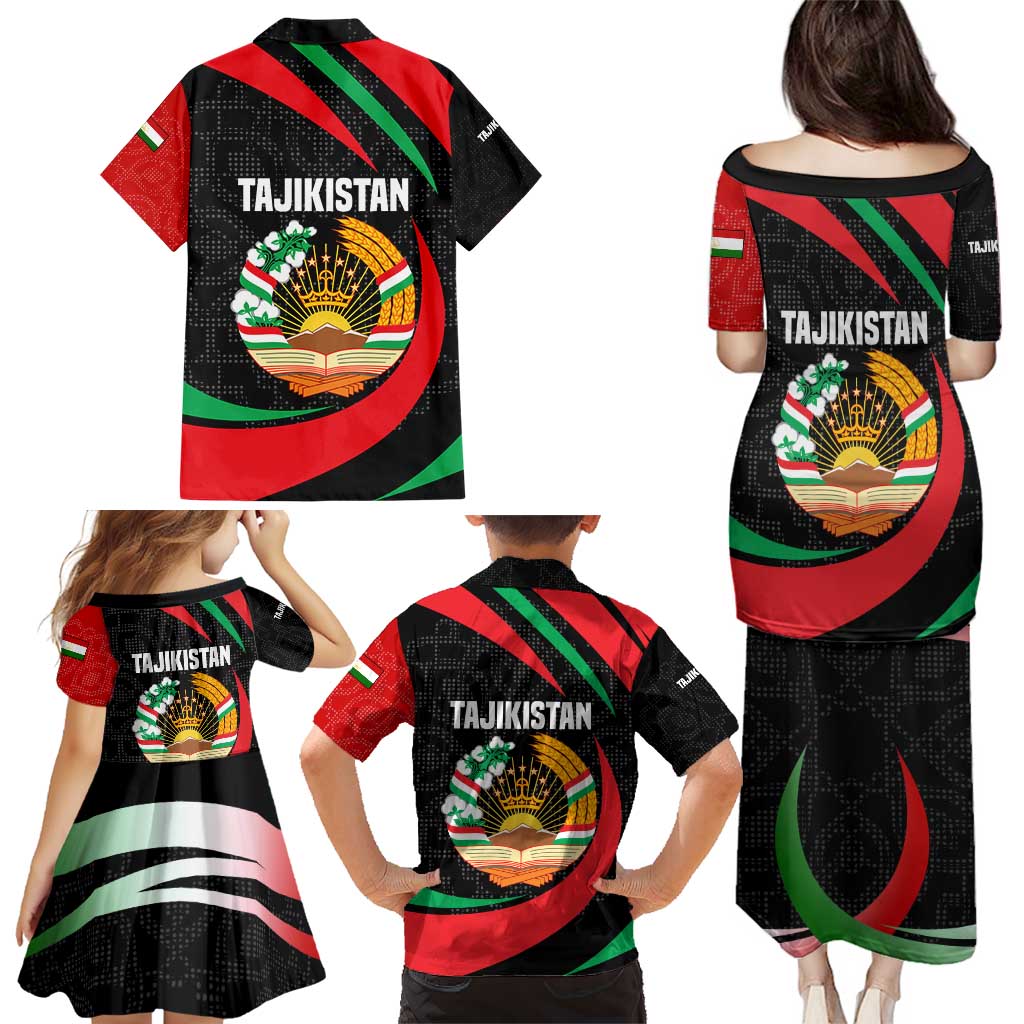 Tajikistan National Emblem Family Matching Puletasi and Hawaiian Shirt with Black Red Green Tribal Pattern