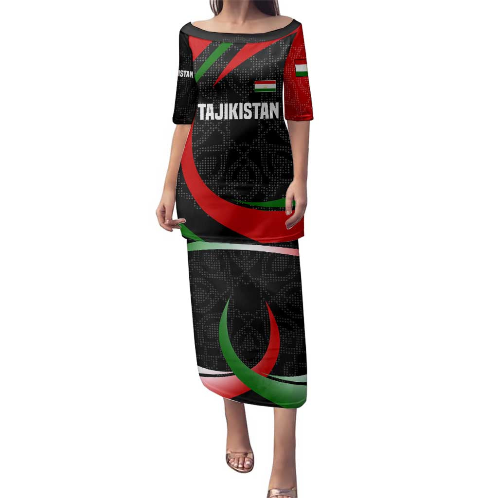Tajikistan National Emblem Family Matching Puletasi and Hawaiian Shirt with Black Red Green Tribal Pattern