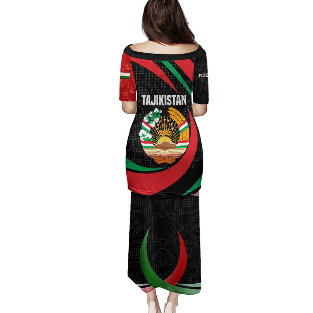 Tajikistan National Emblem Family Matching Puletasi and Hawaiian Shirt with Black Red Green Tribal Pattern
