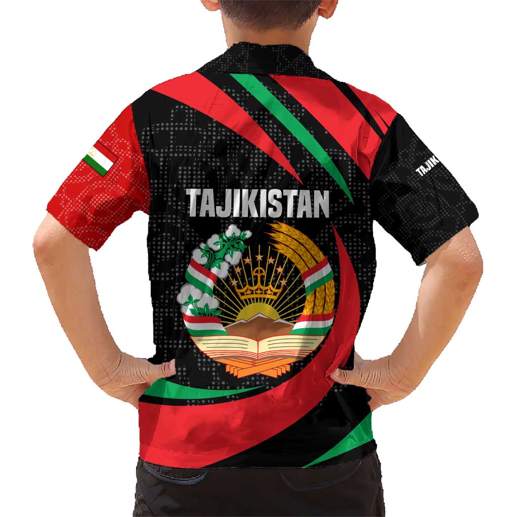 Tajikistan National Emblem Family Matching Short Sleeve Bodycon Dress and Hawaiian Shirt with Black Red Green Tribal Pattern