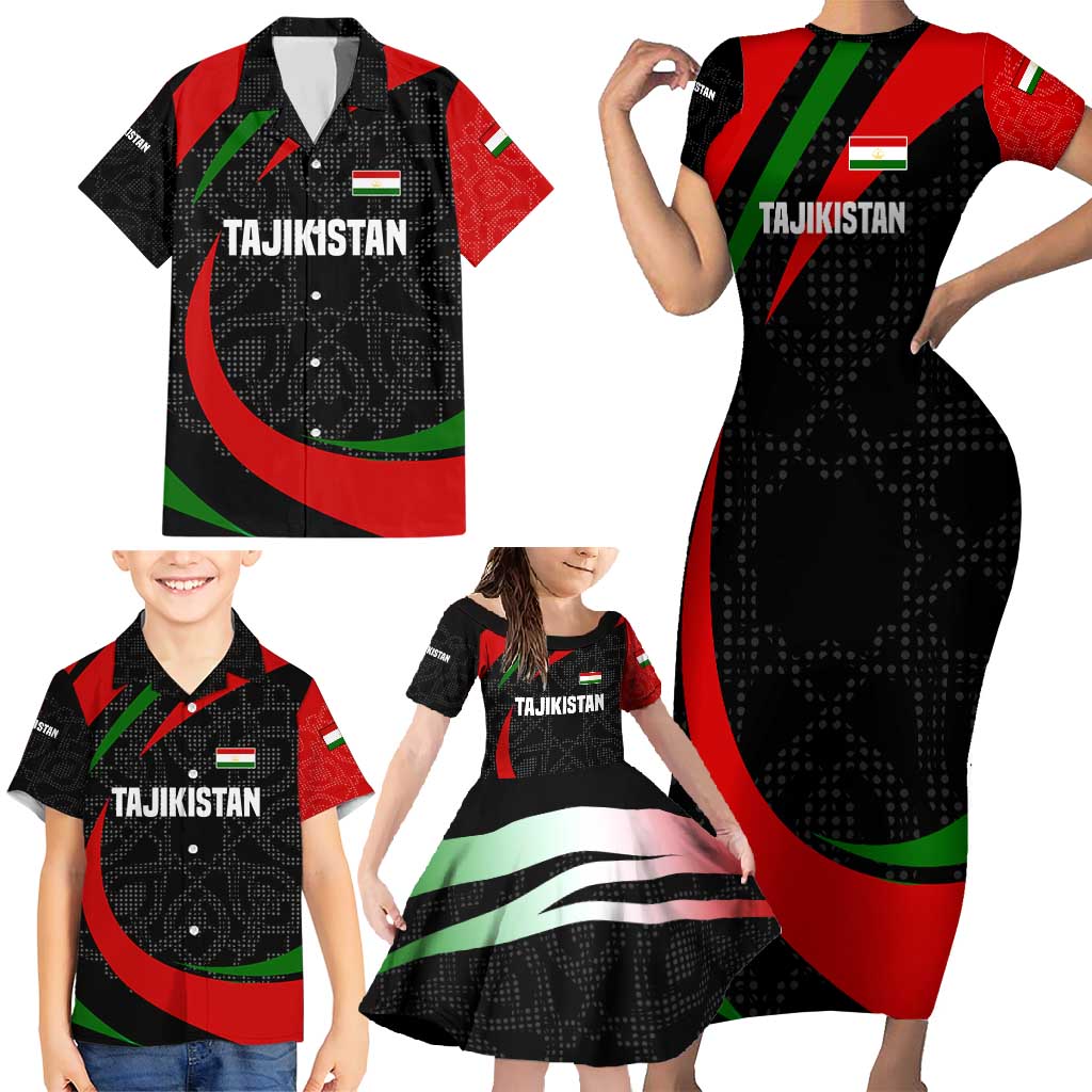Tajikistan National Emblem Family Matching Short Sleeve Bodycon Dress and Hawaiian Shirt with Black Red Green Tribal Pattern
