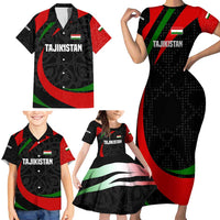 Tajikistan National Emblem Family Matching Short Sleeve Bodycon Dress and Hawaiian Shirt with Black Red Green Tribal Pattern