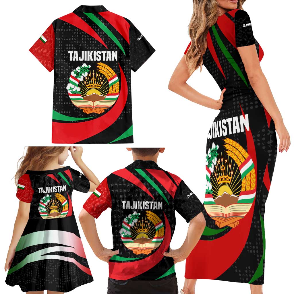 Tajikistan National Emblem Family Matching Short Sleeve Bodycon Dress and Hawaiian Shirt with Black Red Green Tribal Pattern