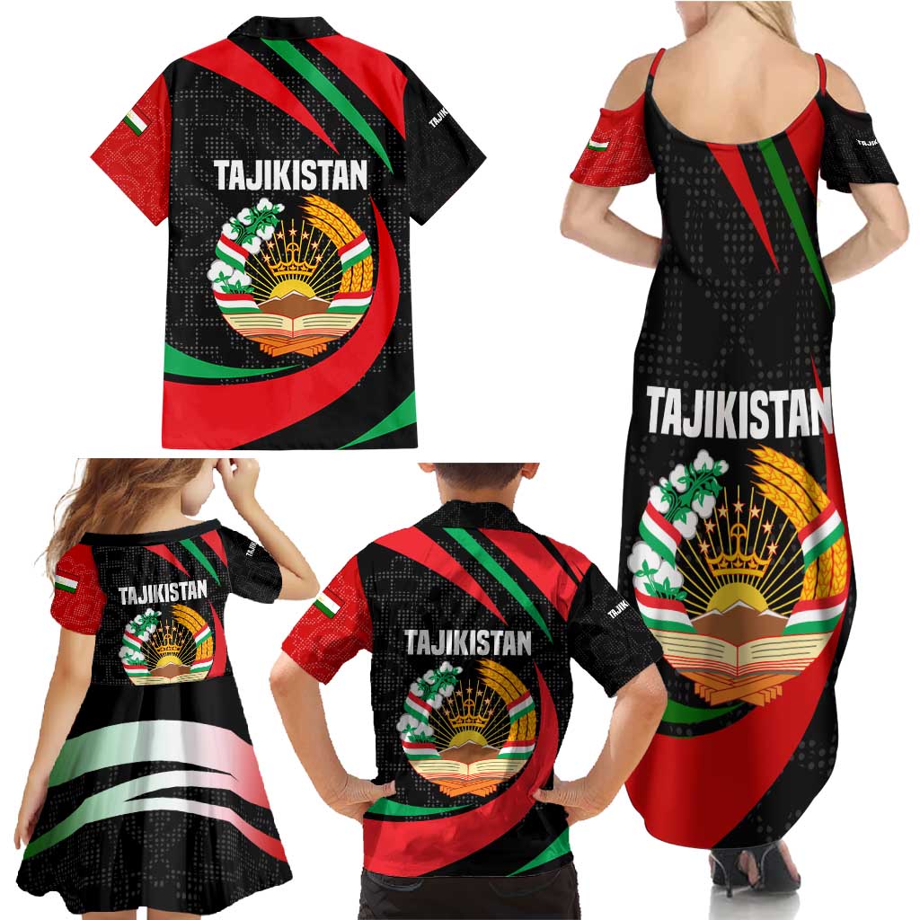 Tajikistan National Emblem Family Matching Summer Maxi Dress and Hawaiian Shirt with Black Red Green Tribal Pattern