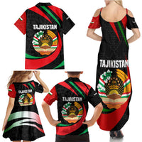 Tajikistan National Emblem Family Matching Summer Maxi Dress and Hawaiian Shirt with Black Red Green Tribal Pattern