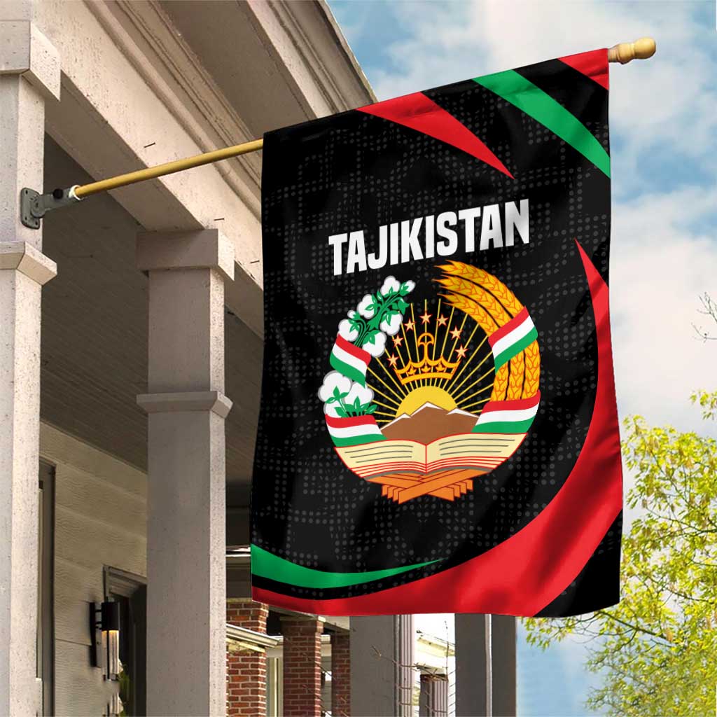 Tajikistan National Emblem Garden Flag with Black Red Green Tribal Pattern