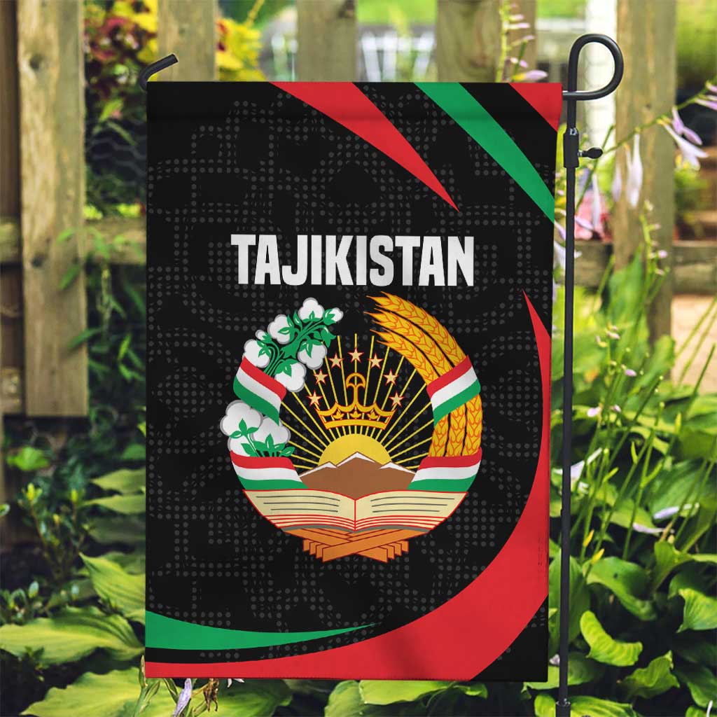 Tajikistan National Emblem Garden Flag with Black Red Green Tribal Pattern