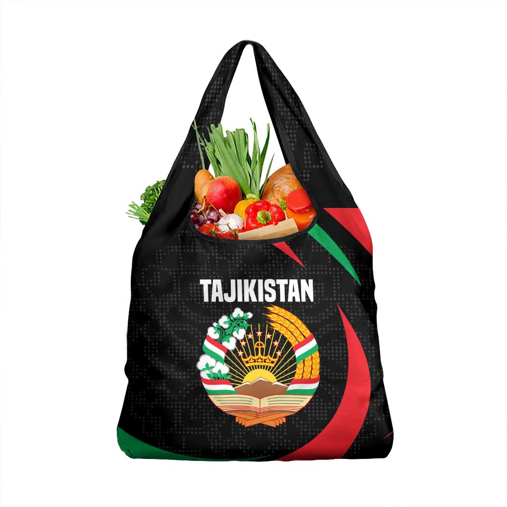 Tajikistan National Emblem Grocery Bag with Black Red Green Tribal Pattern